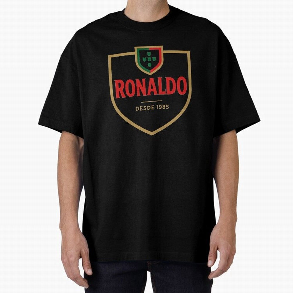 Ronaldo Emblem Sticker ¨C Gold Crest Parody Design Oversized T-Shirt Join Supporters Worldwide for Global Football Passion for FIFA World Cup 2026 USA Canada Mexico, Inspired by Cristiano Ronaldo, Haaland and CR7, Germany, Football History, Final