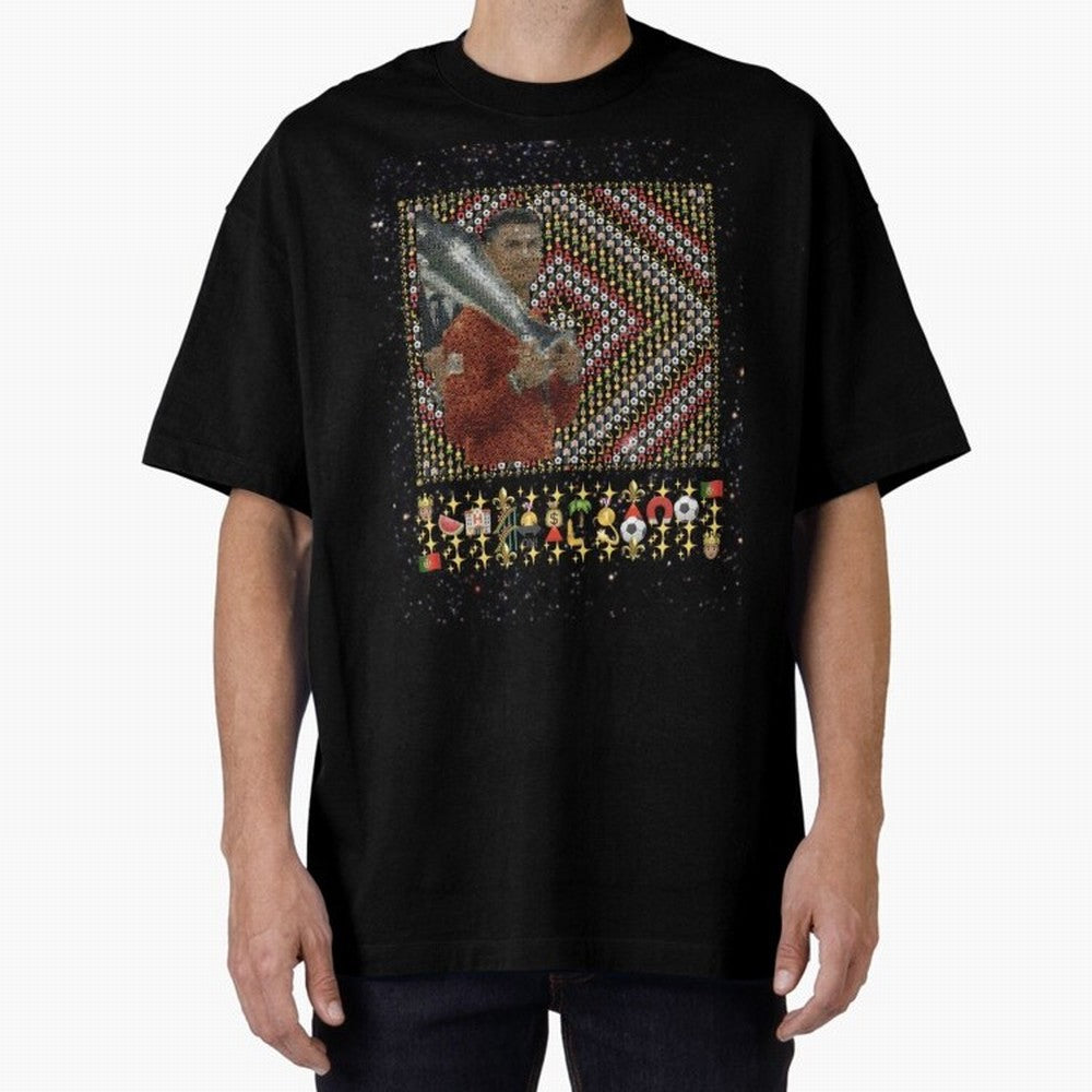 Iconic Emojified Football Legend Holding Victory Trophy | Inspired Art Oversized T-Shirt Cheer for Global Football Passion for FIFA World Cup 2026, Centered on Neymar, Haaland and Cristiano Ronaldo, Argentina and Brazil, Match Day Excitement,