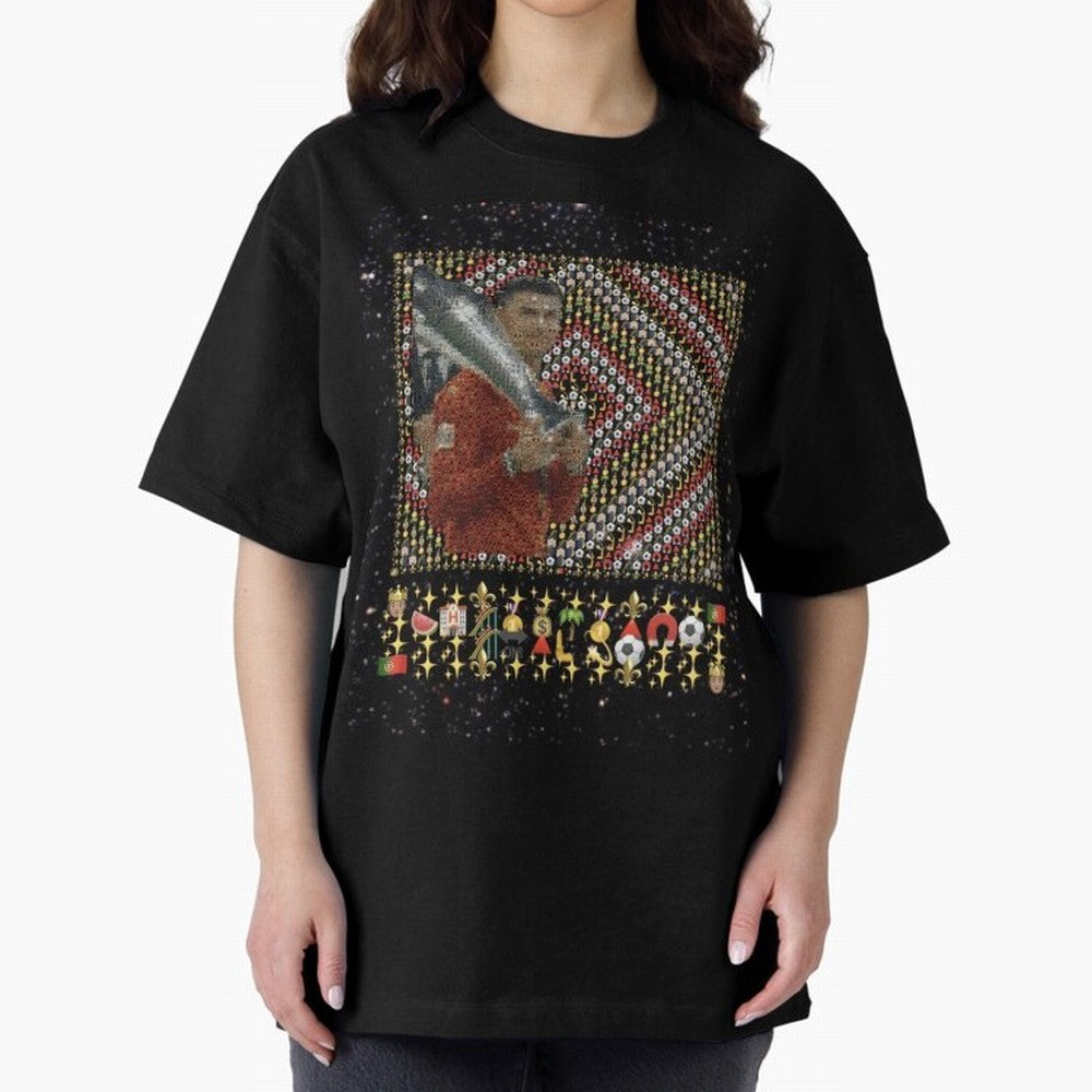 Iconic Emojified Football Legend Holding Victory Trophy | Inspired Art Oversized T-Shirt Cheer for Global Football Passion for FIFA World Cup 2026, Centered on Neymar, Haaland and Cristiano Ronaldo, Argentina and Brazil, Match Day Excitement,