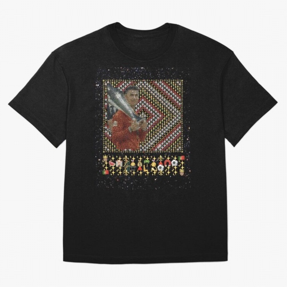 Iconic Emojified Football Legend Holding Victory Trophy | Inspired Art Oversized T-Shirt Cheer for Global Football Passion for FIFA World Cup 2026, Centered on Neymar, Haaland and Cristiano Ronaldo, Argentina and Brazil, Match Day Excitement,