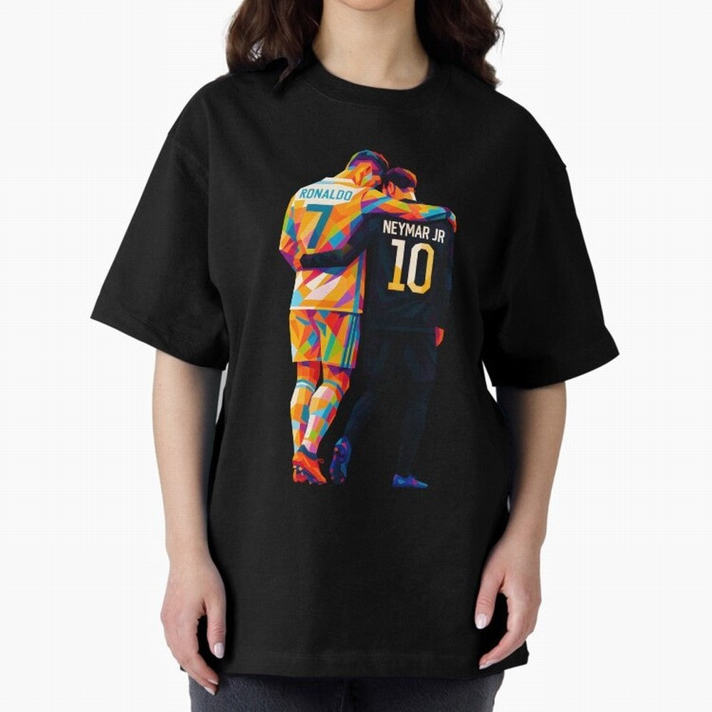 Cristiano Ronaldo & Neymar JR Wpap Art Oversized T-Shirt Celebrate Golden Goal Energy in FIFA World Cup 2026 Group Stage for Fans of Mbappe and Argentina, Bringing Retro Football Energy, Iconic Rivalries, Trophy Chase Drama and Stadium Atmosphere;