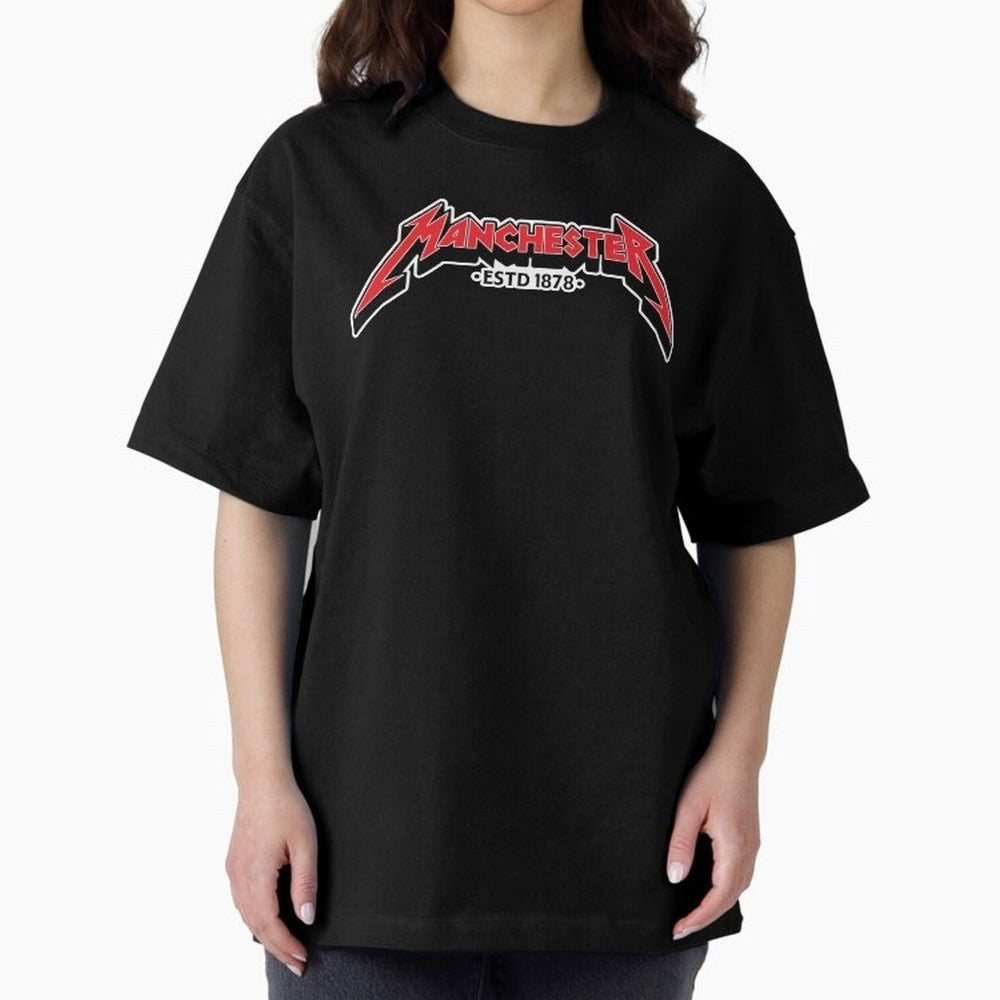 Manchester United Metal Font Oversized T-Shirt Fuel Your Fan Pride for Global Football Passion for FIFA World Cup 2026, Featuring Messi and Cristiano Ronaldo, France, Football History, Final Match Energy, Crowd Noise and Once in a Lifetime Moments;