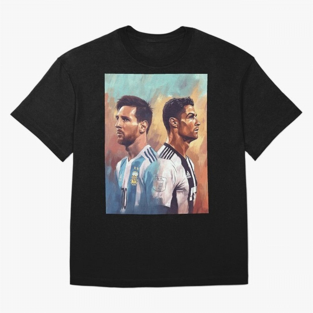 Lionel Messi and Cristiano Ronaldo Oversized T-Shirt Show Your Love for Global Football Passion for FIFA World Cup 2026, Driven by CR7 and Messi, England, Football Festival Excitement, Trophy Ambitions, Country Rivalries and Star Player Buzz; Great