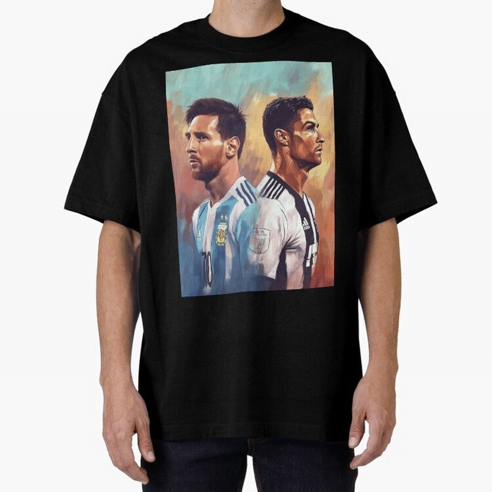 Lionel Messi and Cristiano Ronaldo Oversized T-Shirt Show Your Love for Global Football Passion for FIFA World Cup 2026, Driven by CR7 and Messi, England, Football Festival Excitement, Trophy Ambitions, Country Rivalries and Star Player Buzz; Great