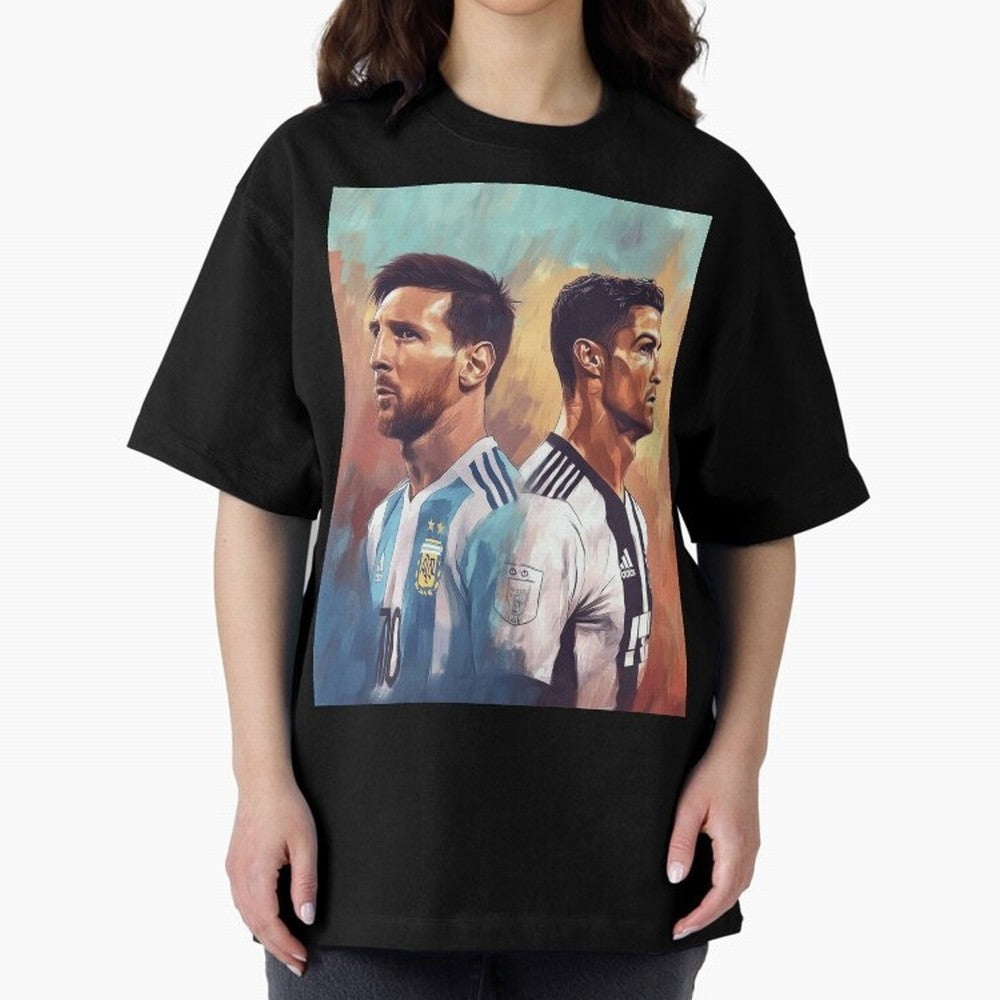 Lionel Messi and Cristiano Ronaldo Oversized T-Shirt Show Your Love for Global Football Passion for FIFA World Cup 2026, Driven by CR7 and Messi, England, Football Festival Excitement, Trophy Ambitions, Country Rivalries and Star Player Buzz; Great