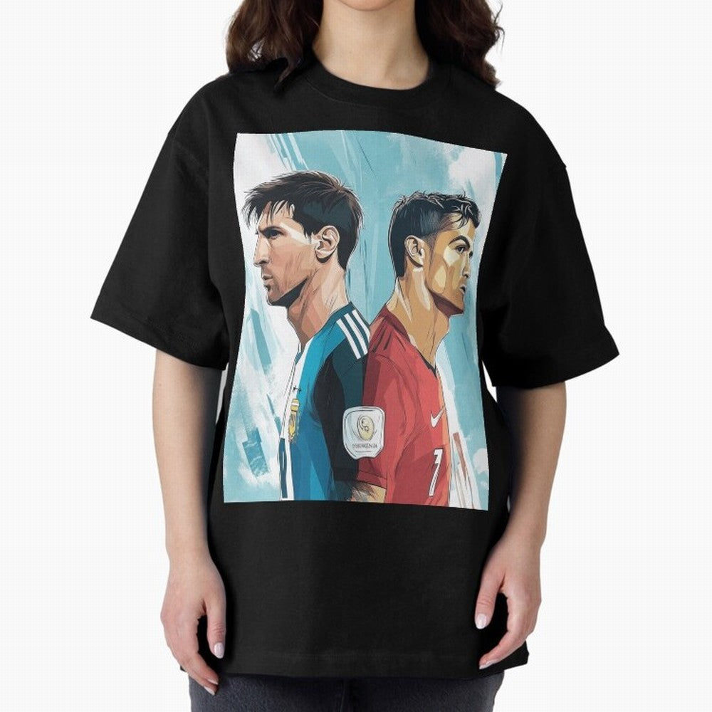 Lionel Messi and Cristiano Ronaldo Oversized T-Shirt Celebrate Fan Culture around FIFA World Cup 2026 USA Canada Mexico Spirit, Centered on Argentina and Brazil, Cristiano Ronaldo, Championship Spirit, Famous Goals, Roaring Crowds and International