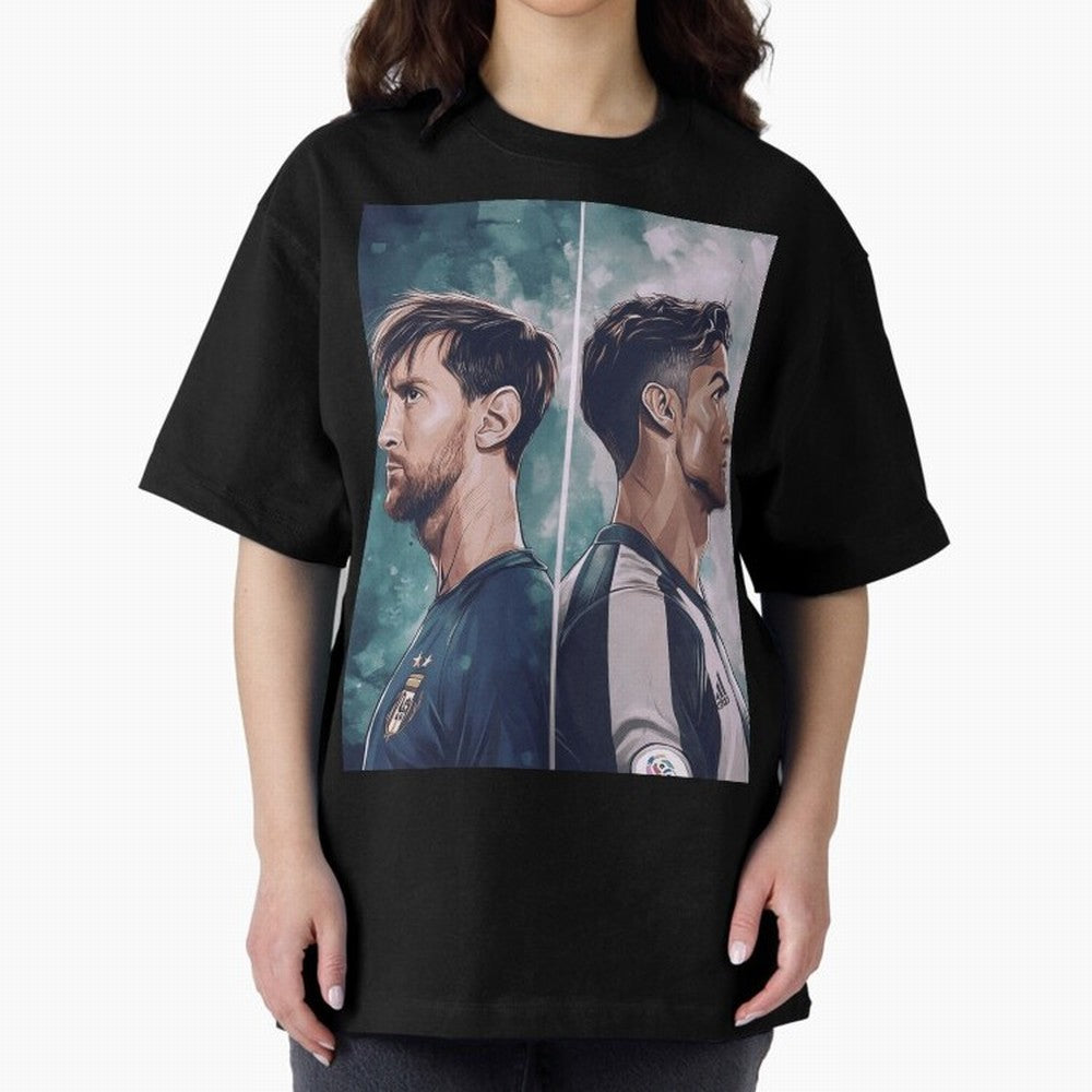 Lionel Messi and Cristiano Ronaldo Oversized T-Shirt Remember Iconic Moments from FIFA World Cup 2026 USA Canada Mexico Spirit, Inspired by England, France and Netherlands, Mbappe and Neymar, Stadium Memories, Football Loyalty, International Chants