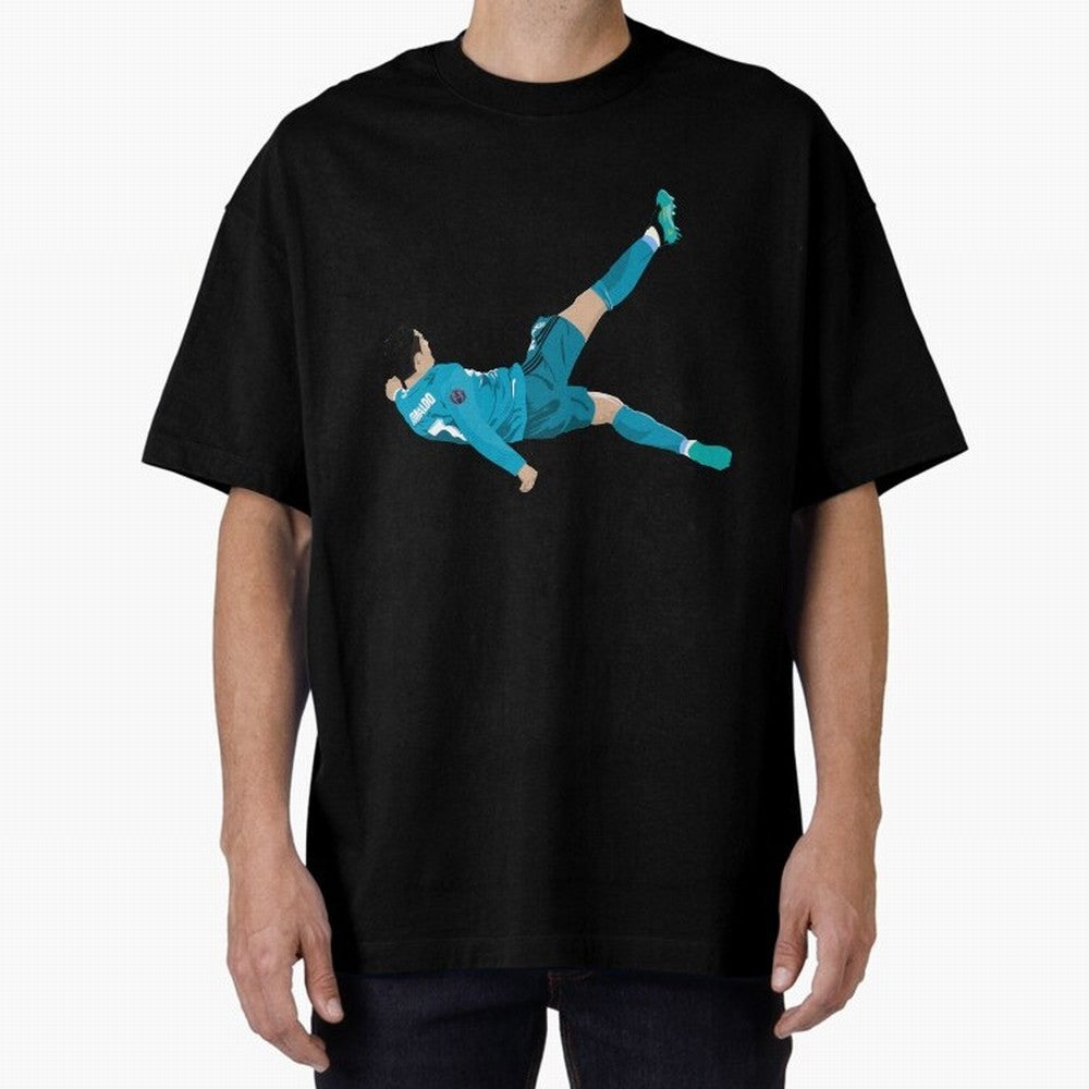 Cristiano Ronaldo Bicycle Kick Oversized T-Shirt Celebrate Soccer Greatness during Global Football Passion for FIFA World Cup 2026 Group Stage, Made for Messi, Neymar and Mbappe, Germany, Retro Football Energy, Iconic Rivalries, Trophy Chase Drama