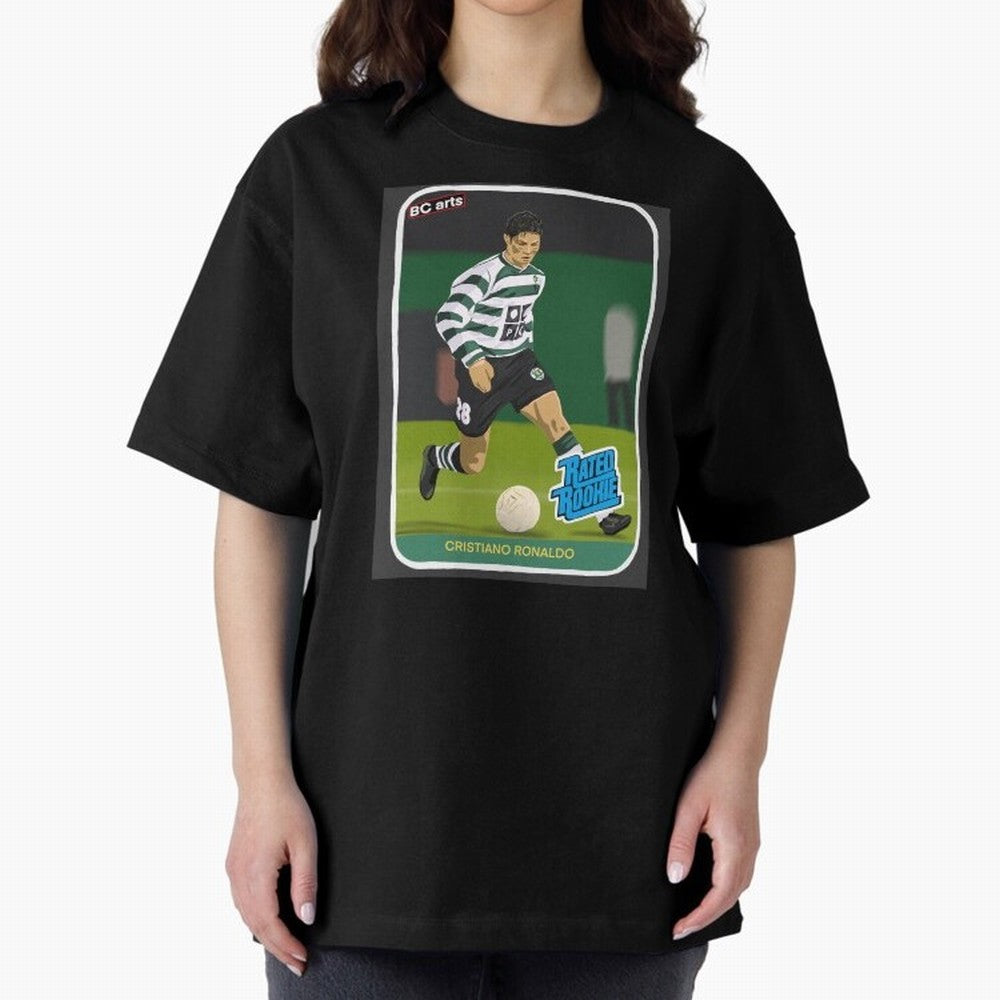 Sporting Lisbon Cristiano Ronaldo Rookie Card Artwork Oversized T-Shirt Celebrate Unforgettable Nights in Match Day Hype around FIFA World Cup 2026 Group Stage, Haaland, Spain, Global Supporter Spirit, Legendary Goals, National Colors and