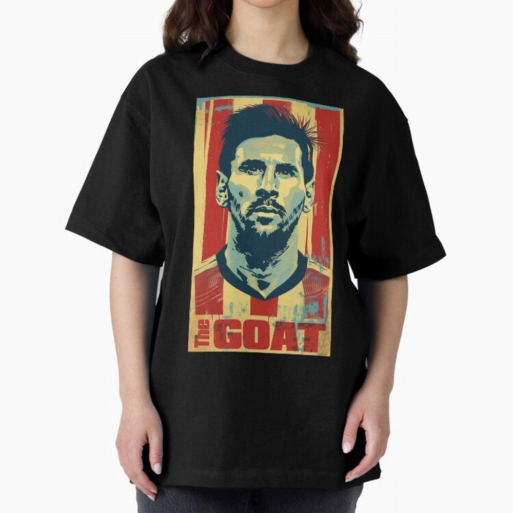 Messi The GOAT Graphic poster design Oversized T-Shirt Remember Iconic Moments from Match Day Hype around FIFA World Cup 2026 USA Canada Mexico, Messi, CR7 and Mbappe, Spain, Championship Spirit, Famous Goals, Roaring Crowds and International