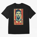 Messi The GOAT Graphic poster design Oversized T-Shirt Remember Iconic Moments from Match Day Hype around FIFA World Cup 2026 USA Canada Mexico, Messi, CR7 and Mbappe, Spain, Championship Spirit, Famous Goals, Roaring Crowds and International