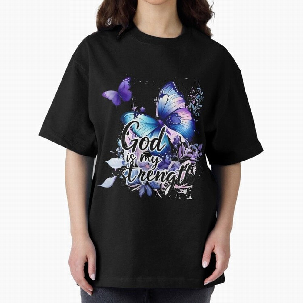 God is My Strength - Blue Butterfly Watercolor Art Oversized T-Shirt Celebrate the Magic of FIFA World Cup 2026 Spirit, Featuring Portugal, Mbappe, Vintage Soccer Flavor, Modern Football Stars, National Flags and Final Night Emotion; Ideal for Fans