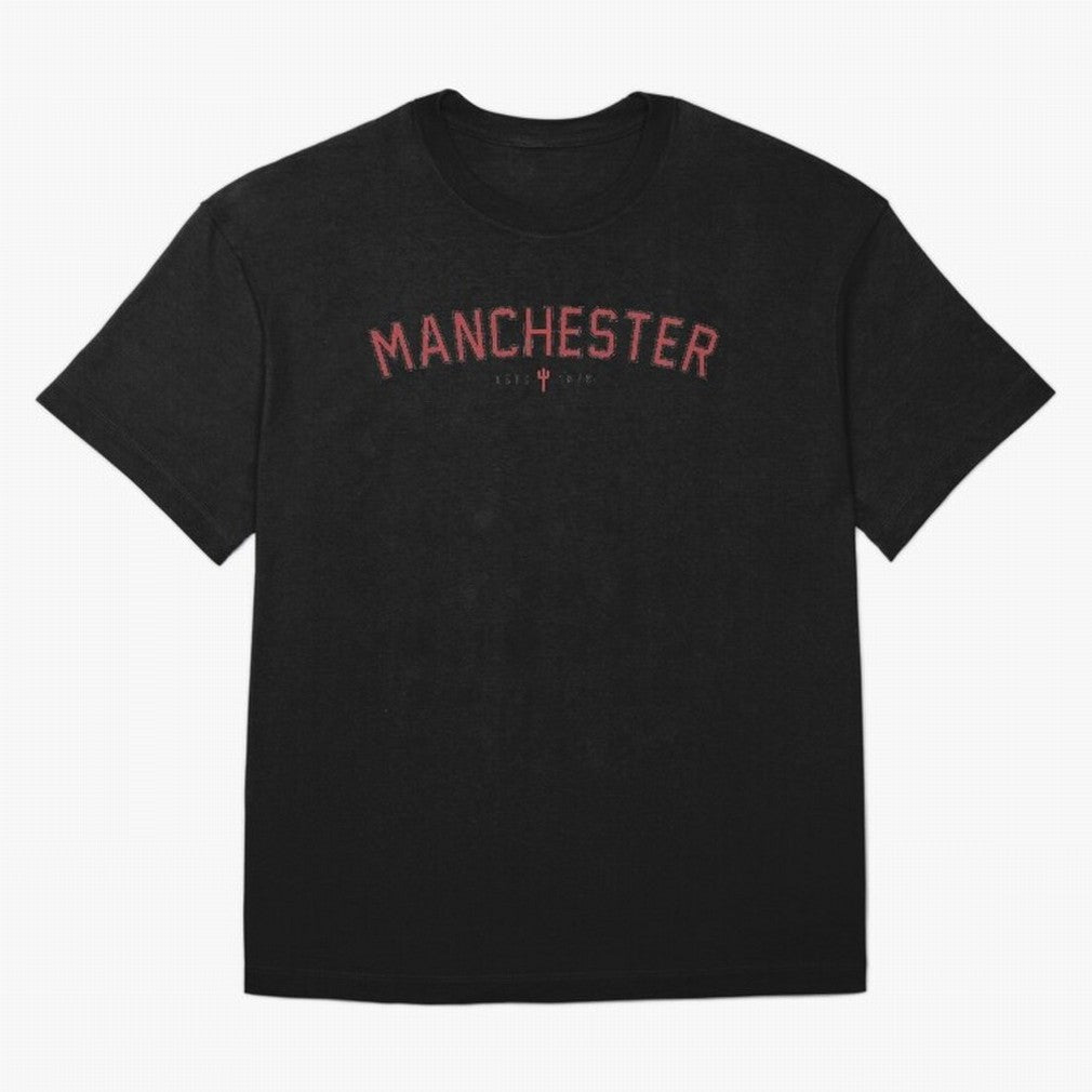 Manchester Retro Typography - MUFC Unofficial Merch Oversized T-Shirt Celebrate Global Passion for Match Day Hype around FIFA World Cup 2026 Group Stage, Mbappe, Netherlands, Stadium Chants, National Pride, Trophy Dreams and Unforgettable Football