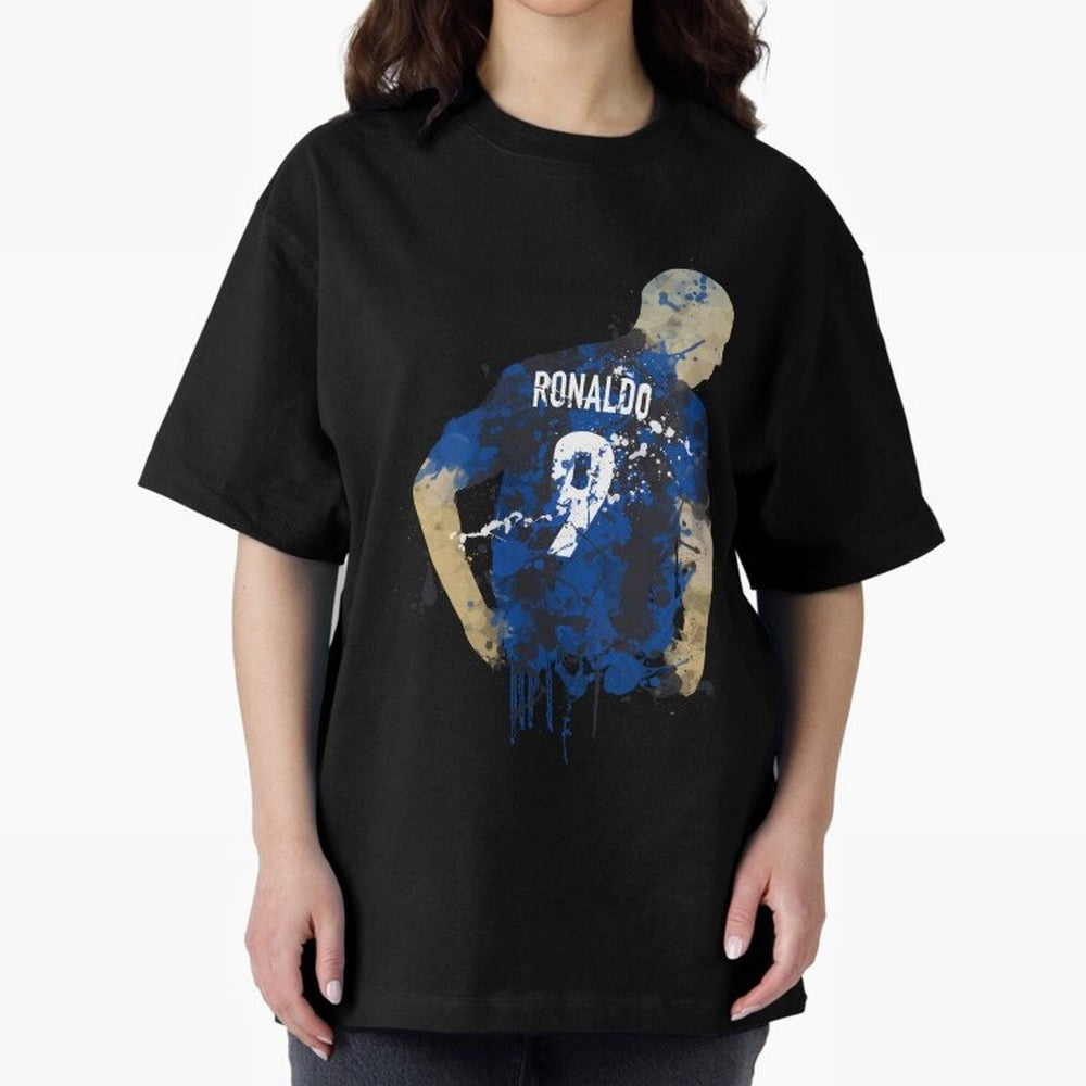 Ronaldo Number 9 Art Oversized T-Shirt Cheer for FIFA World Cup 2026 Spirit, Highlighting Portugal, Messi, CR7 and Mbappe, Championship Spirit, Famous Goals, Roaring Crowds and International Football Unity; Ideal for Fans Who Follow Messi,