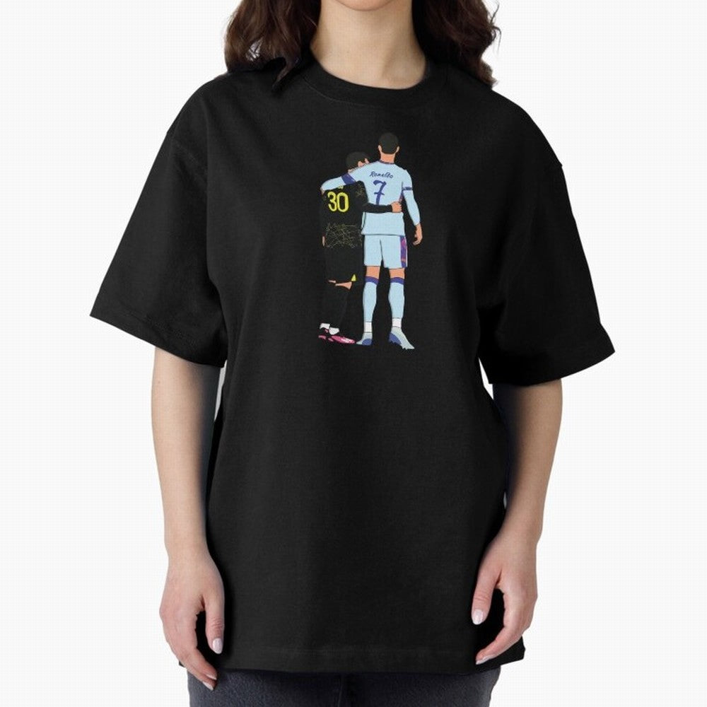 Messi and Ronaldo Reunion Illustration Oversized T-Shirt Carry National Pride through Match Day Hype around FIFA World Cup 2026 Group Stage, Messi, Neymar and Mbappe, France and Portugal, Stadium Memories, Football Loyalty, International Chants and