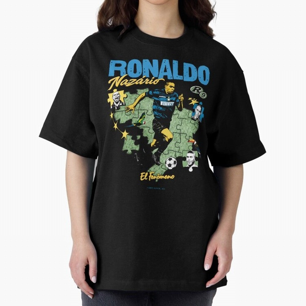 R9 Ronaldo Nazario Retro Brazil Soccer Oversized T-Shirt Upgrade FIFA World Cup 2026 USA Canada Mexico Capturing Haaland and Mbappe, Spain and Netherlands Energy, Retro Football Energy, Iconic Rivalries, Trophy Chase Drama and Stadium Atmosphere;