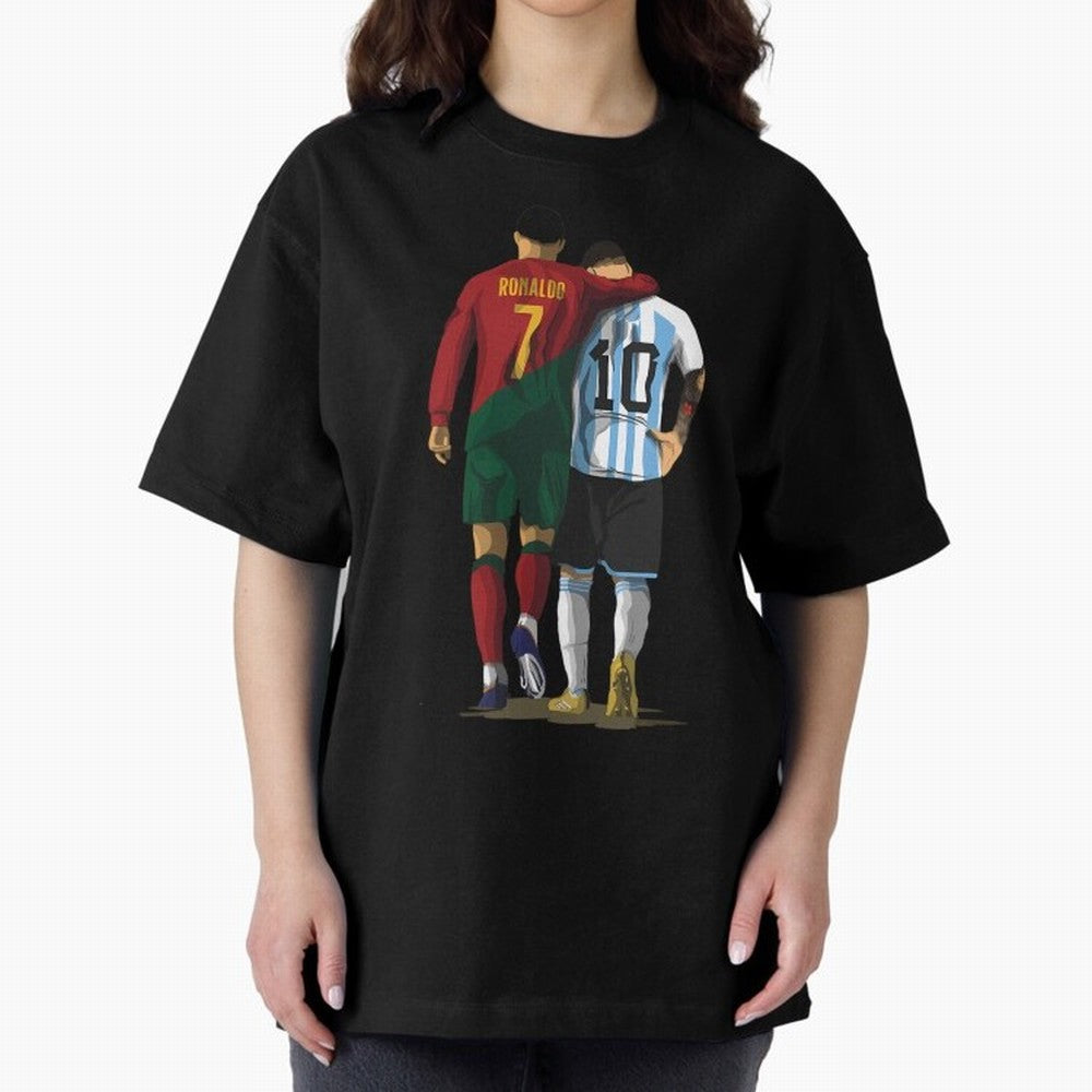 Messi Ronaldo Chit Chat Illustration Oversized T-Shirt Join Supporters Worldwide for Match Day Hype around FIFA World Cup 2026 Group Stage, Cristiano Ronaldo, Haaland and CR7, Argentina, France and Brazil, Goal Celebration Energy, Supporter