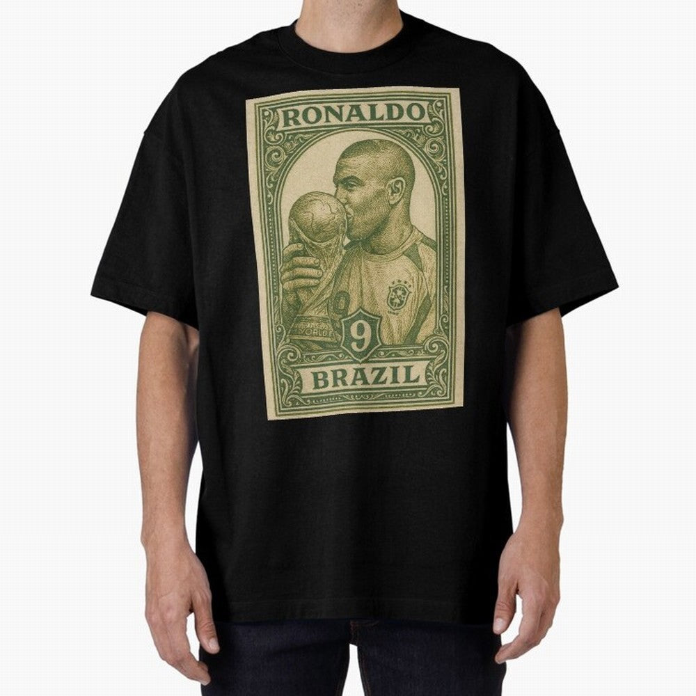 Vintage Brazilian Ronaldo Fenomeno R9 Football Legend Stamp Illustration ¨C Retro Soccer World Cup Art Print Oversized T-Shirt Upgrade FIFA World Cup 2026 for Fans of CR7 and England, Bringing Sports Nostalgia, International Competition, Famous