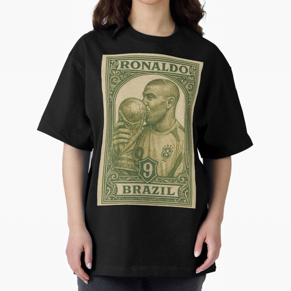 Vintage Brazilian Ronaldo Fenomeno R9 Football Legend Stamp Illustration ¨C Retro Soccer World Cup Art Print Oversized T-Shirt Upgrade FIFA World Cup 2026 for Fans of CR7 and England, Bringing Sports Nostalgia, International Competition, Famous