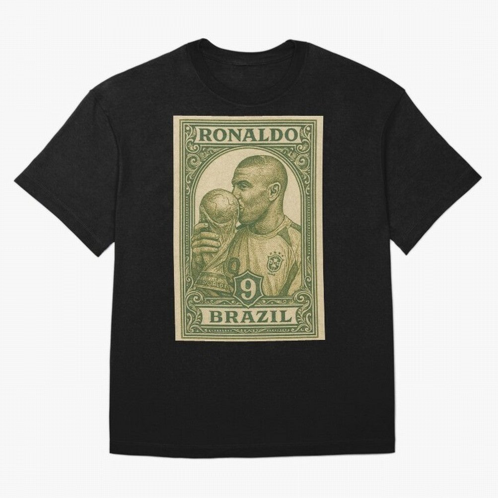 Vintage Brazilian Ronaldo Fenomeno R9 Football Legend Stamp Illustration ¨C Retro Soccer World Cup Art Print Oversized T-Shirt Upgrade FIFA World Cup 2026 for Fans of CR7 and England, Bringing Sports Nostalgia, International Competition, Famous