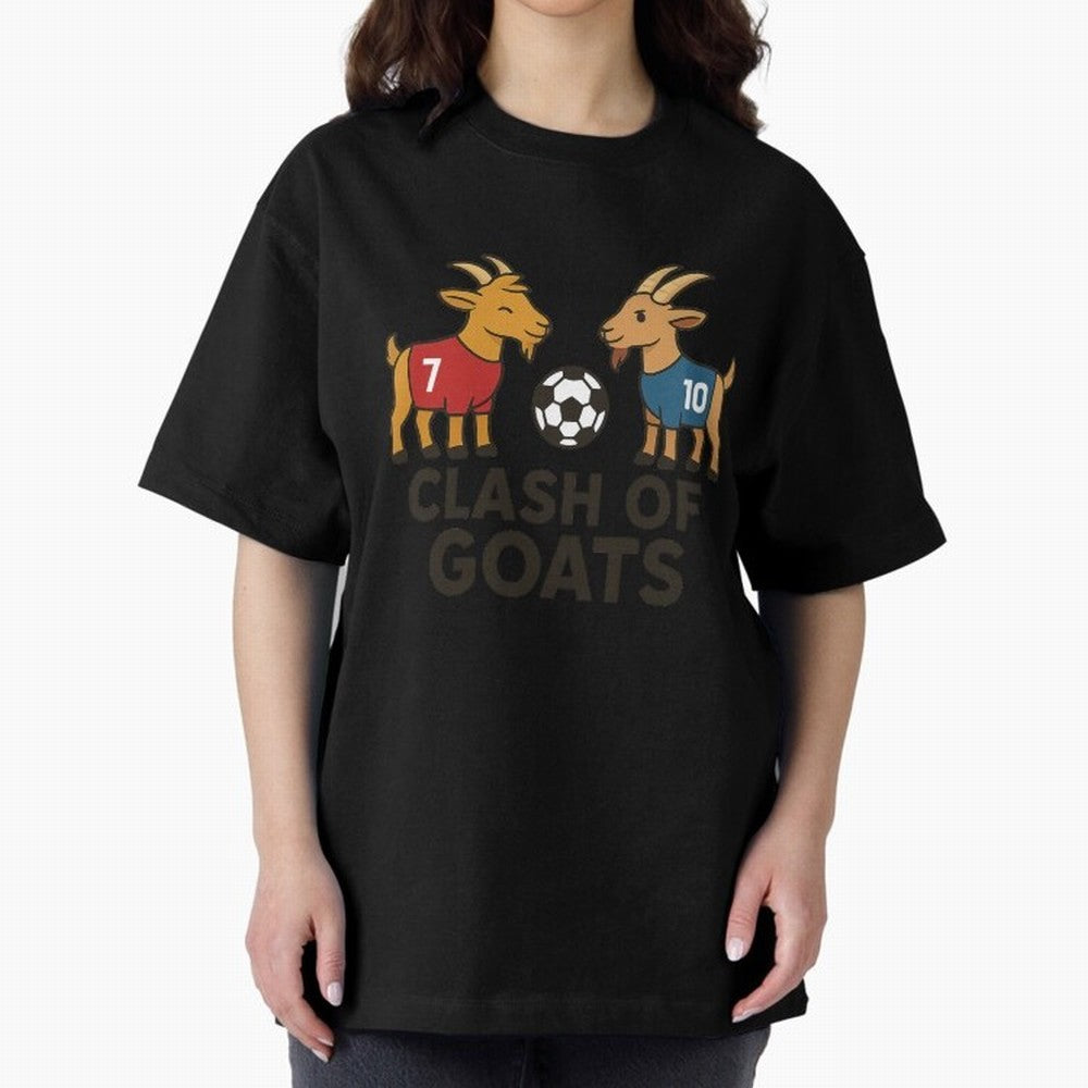 Clash of GOATs ¨C Funny Ronaldo vs Messi Inspired Football T-Shirt Design Oversized T-Shirt Bring International Match Energy to FIFA World Cup 2026 Group Stage Spirit, Celebrating Argentina and Brazil, Haaland, Sports Nostalgia, International