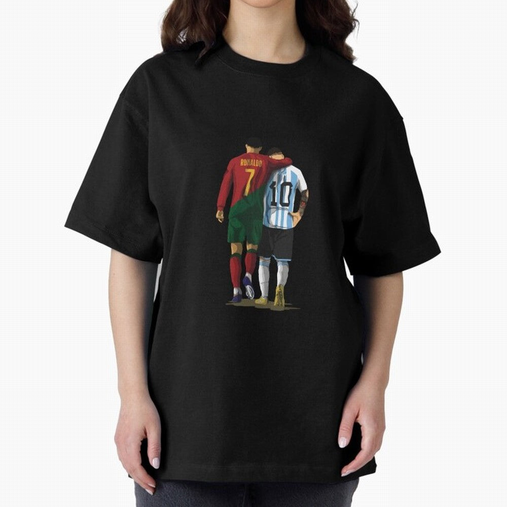 Messi Ronaldo Chit Chat Illustration Classic Oversized T-Shirt Celebrate National Team Dreams in FIFA World Cup 2026 Group Stage Spirit, Made for Portugal, Spain and Germany, Messi and Cristiano Ronaldo, Championship Spirit, Famous Goals, Roaring
