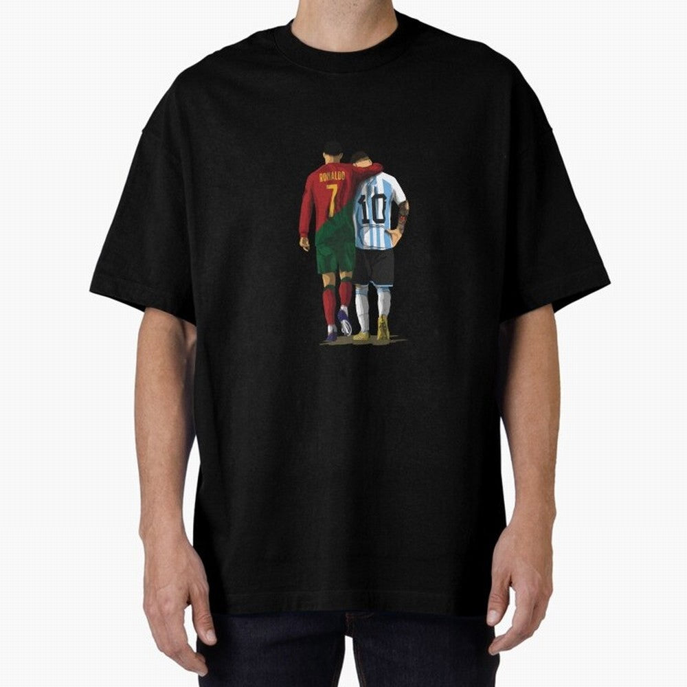 Messi Ronaldo Chit Chat Illustration Classic Oversized T-Shirt Celebrate National Team Dreams in FIFA World Cup 2026 Group Stage Spirit, Made for Portugal, Spain and Germany, Messi and Cristiano Ronaldo, Championship Spirit, Famous Goals, Roaring
