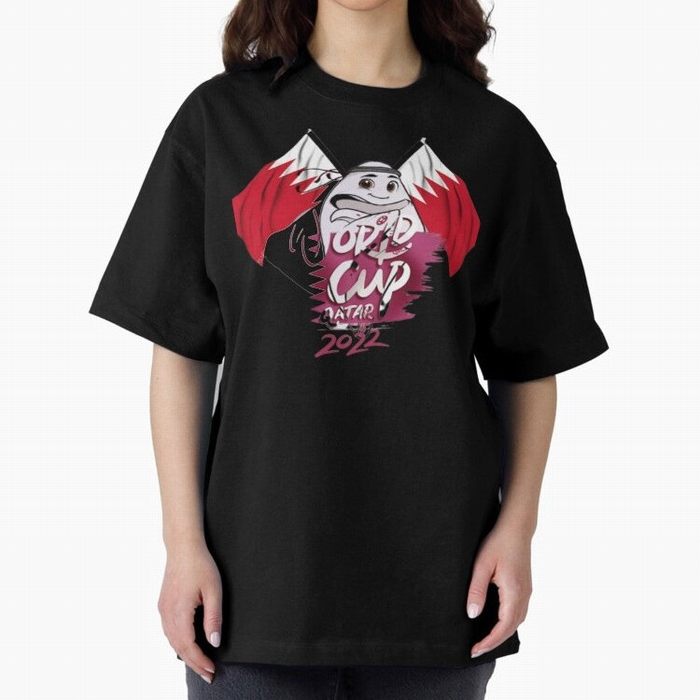 qatar mascot Oversized T-Shirt Turn Football Passion into FIFA World Cup 2026 Highlighting Haaland and Mbappe, Spain and Netherlands Energy, Football Festival Excitement, Trophy Ambitions, Country Rivalries and Star Player Buzz; Perfect for People