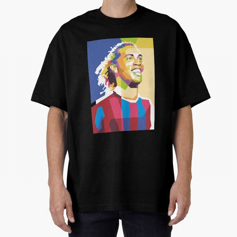 Ronaldinho in Pop Art Portrait Style Oversized T-Shirt Follow the Road to FIFA World Cup 2026 Spirit, Capturing Argentina and Brazil, Messi, Stadium Chants, National Pride, Trophy Dreams and Unforgettable Football Memories; Great for Watch Parties,