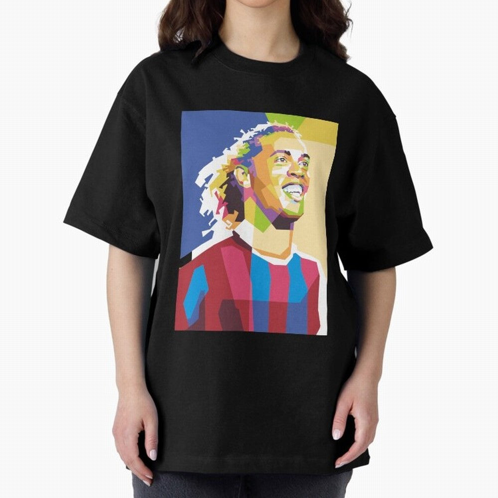 Ronaldinho in Pop Art Portrait Style Oversized T-Shirt Follow the Road to FIFA World Cup 2026 Spirit, Capturing Argentina and Brazil, Messi, Stadium Chants, National Pride, Trophy Dreams and Unforgettable Football Memories; Great for Watch Parties,