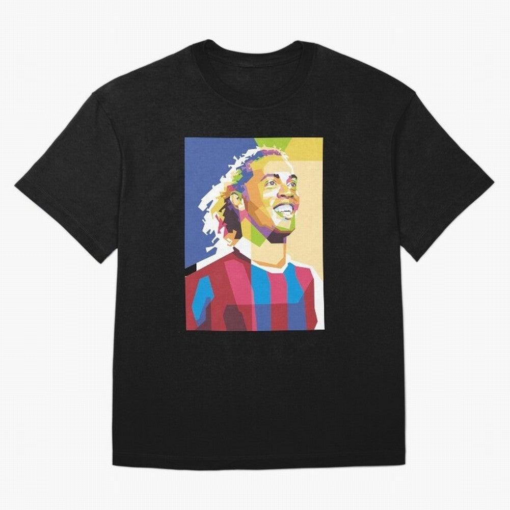 Ronaldinho in Pop Art Portrait Style Oversized T-Shirt Follow the Road to FIFA World Cup 2026 Spirit, Capturing Argentina and Brazil, Messi, Stadium Chants, National Pride, Trophy Dreams and Unforgettable Football Memories; Great for Watch Parties,