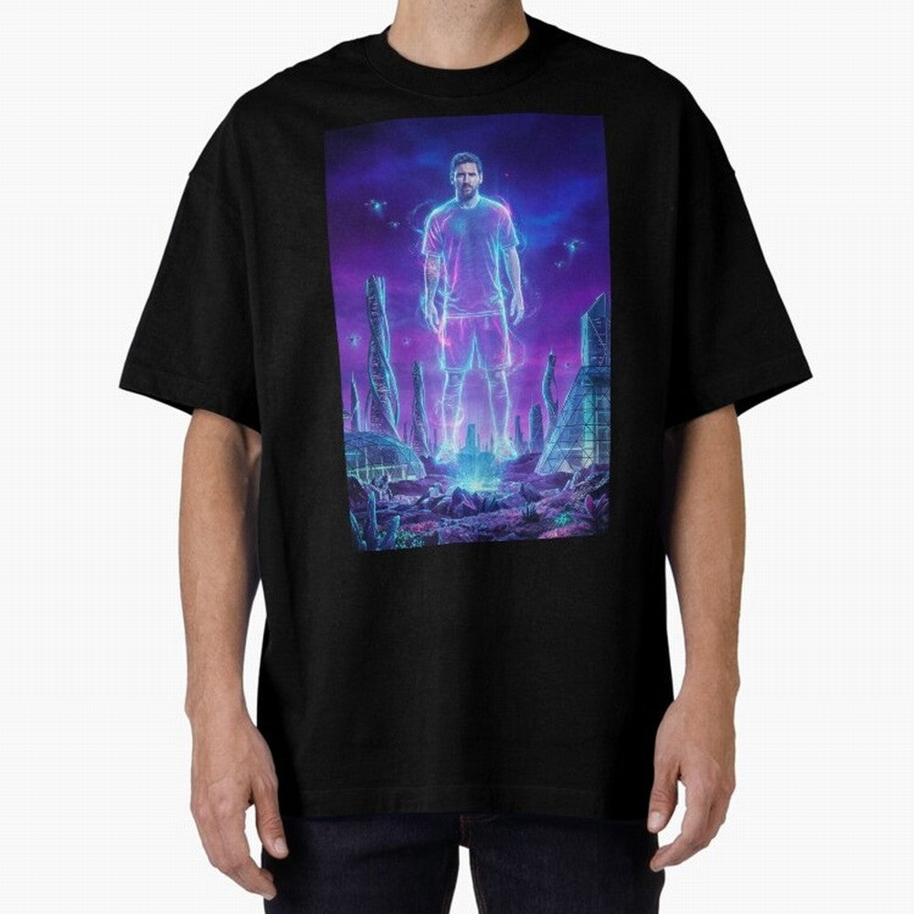 Lionel Messi (GOAT) Hologram in Futuristic Cyberpunk City (Version 5) Classic T-Shirt Show Support during FIFA World Cup 2026 for Fans of Cristiano Ronaldo and England, France and Netherlands, Bringing Football Passion, Legendary Performances,