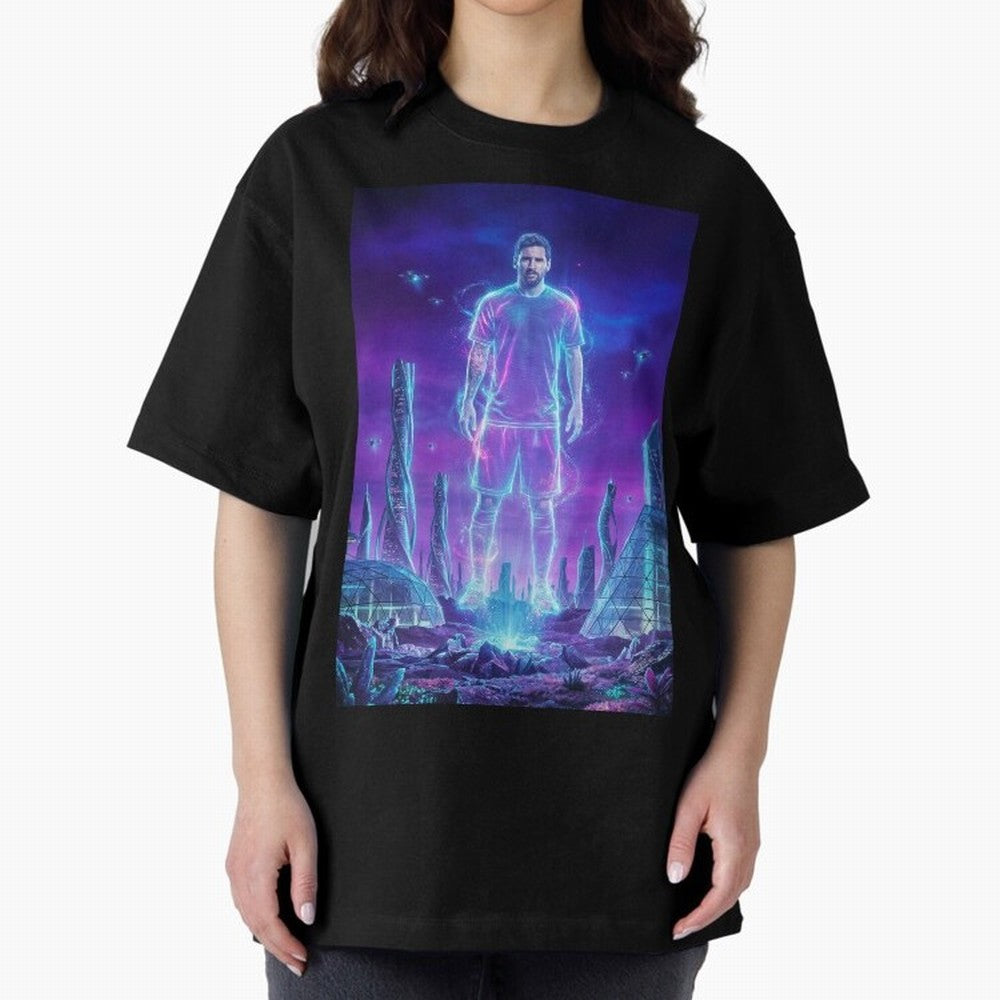 Lionel Messi (GOAT) Hologram in Futuristic Cyberpunk City (Version 5) Classic T-Shirt Show Support during FIFA World Cup 2026 for Fans of Cristiano Ronaldo and England, France and Netherlands, Bringing Football Passion, Legendary Performances,