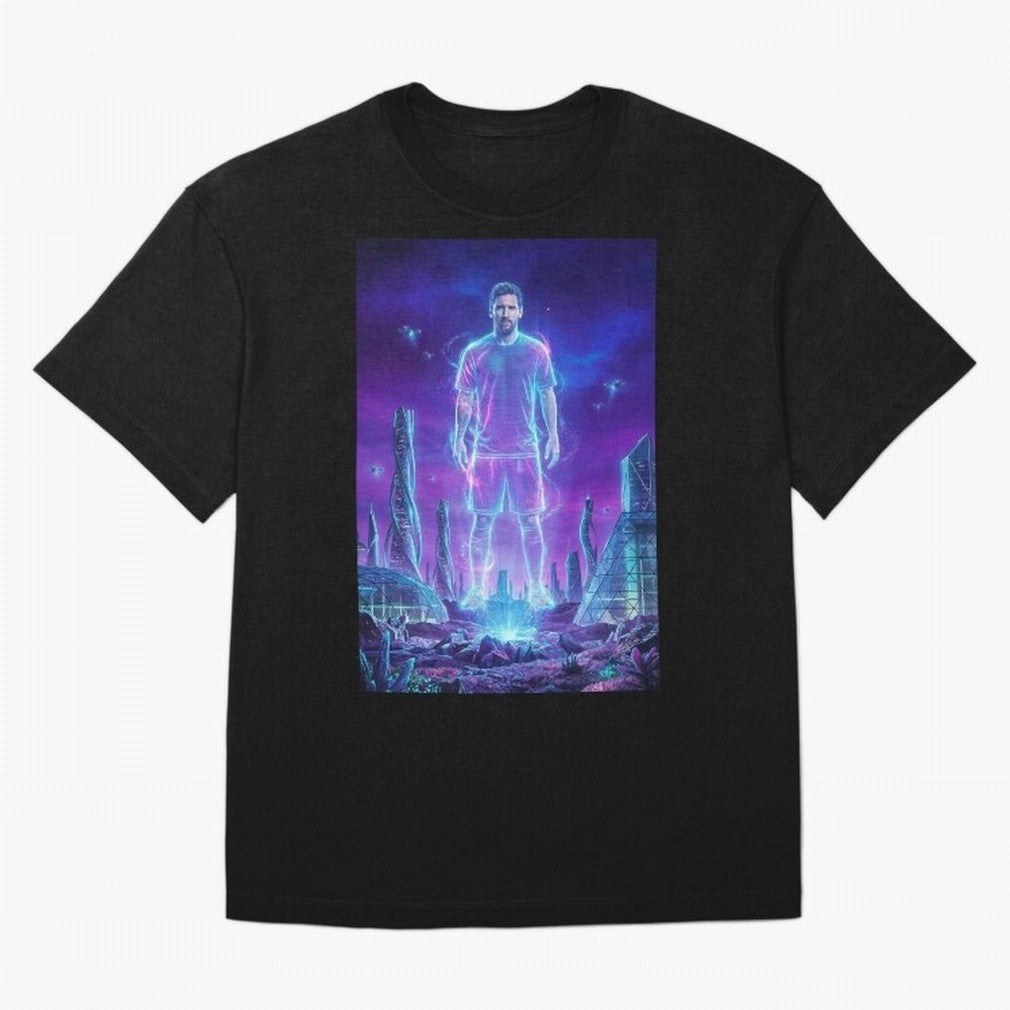Lionel Messi (GOAT) Hologram in Futuristic Cyberpunk City (Version 5) Classic T-Shirt Show Support during FIFA World Cup 2026 for Fans of Cristiano Ronaldo and England, France and Netherlands, Bringing Football Passion, Legendary Performances,