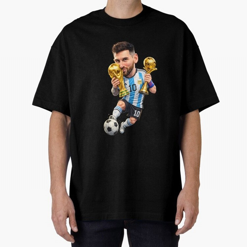 Lionel Messi ¨C Trophy King Caricature Oversized T-Shirt Honor Champions and Dreams in FIFA World Cup 2026 Group Stage Spirit, Centered on Germany, CR7 and Messi, Champion Mindset, Group Stage Buzz, Knockout Tension and Passionate Fan Culture;