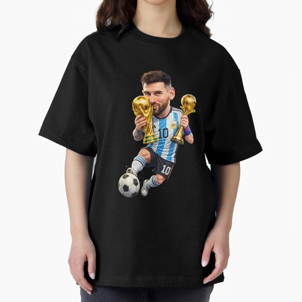 Lionel Messi ¨C Trophy King Caricature Oversized T-Shirt Honor Champions and Dreams in FIFA World Cup 2026 Group Stage Spirit, Centered on Germany, CR7 and Messi, Champion Mindset, Group Stage Buzz, Knockout Tension and Passionate Fan Culture;