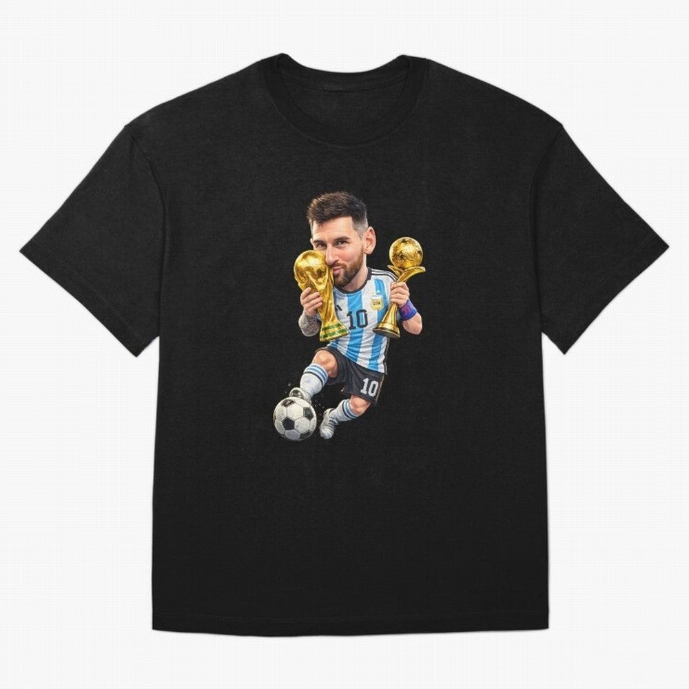 Lionel Messi ¨C Trophy King Caricature Oversized T-Shirt Honor Champions and Dreams in FIFA World Cup 2026 Group Stage Spirit, Centered on Germany, CR7 and Messi, Champion Mindset, Group Stage Buzz, Knockout Tension and Passionate Fan Culture;