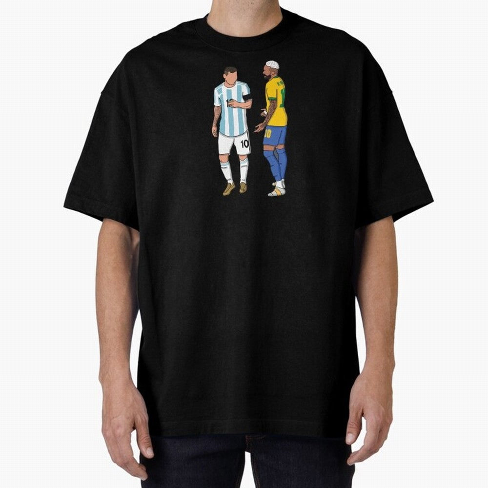 Messi and Neymar Chit Chat Illustration Oversized T-Shirt Celebrate National Team Dreams in FIFA World Cup 2026 for Fans of Messi and Cristiano Ronaldo and France, Bringing Game Day Rituals, Football Legends, Country Pride and the Road to the