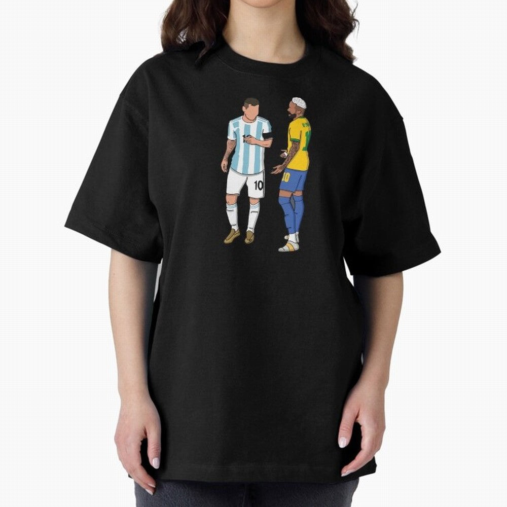 Messi and Neymar Chit Chat Illustration Oversized T-Shirt Celebrate National Team Dreams in FIFA World Cup 2026 for Fans of Messi and Cristiano Ronaldo and France, Bringing Game Day Rituals, Football Legends, Country Pride and the Road to the