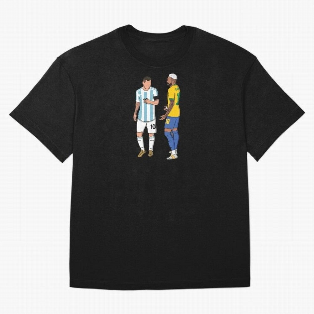 Messi and Neymar Chit Chat Illustration Oversized T-Shirt Celebrate National Team Dreams in FIFA World Cup 2026 for Fans of Messi and Cristiano Ronaldo and France, Bringing Game Day Rituals, Football Legends, Country Pride and the Road to the