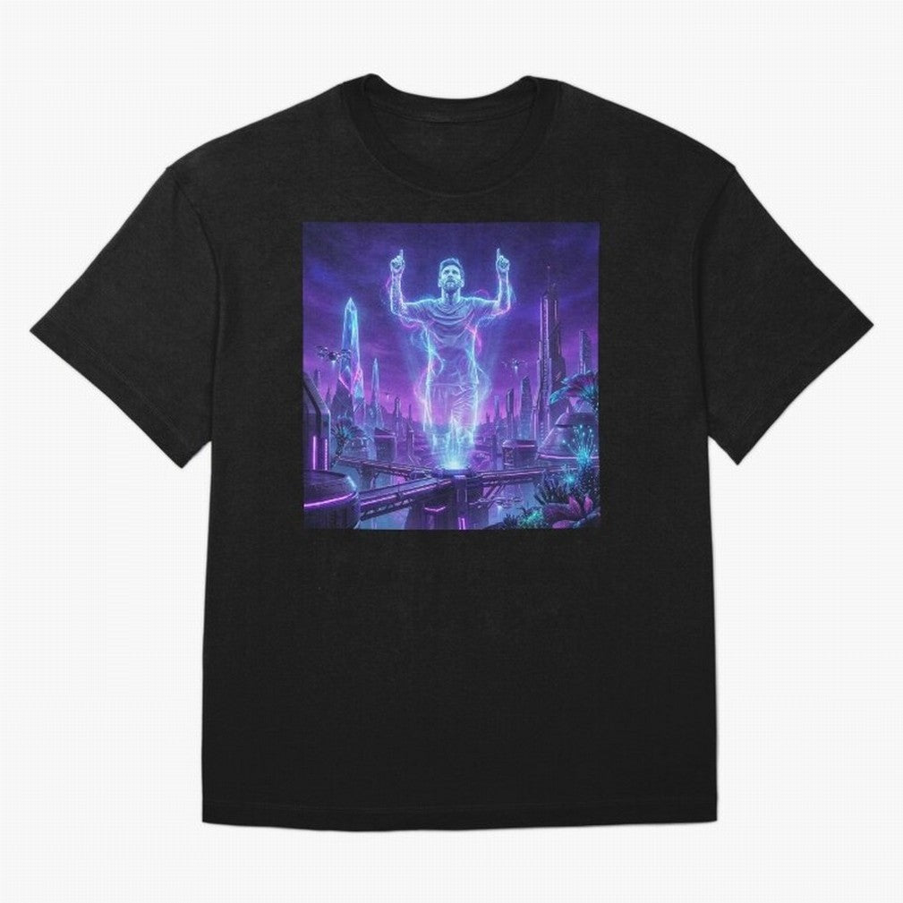 Lionel Messi (GOAT) Hologram in Futuristic Cyberpunk City (Version 2) Classic T-Shirt Mark FIFA World Cup 2026 Group Stage Inspired by Cristiano Ronaldo, Spain Energy, Soccer Culture, Superstar Moments, National Team Dreams and Competitive Fire;