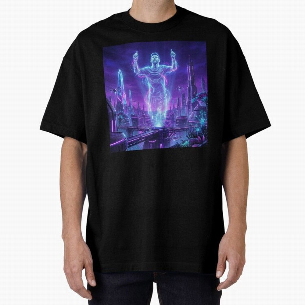 Lionel Messi (GOAT) Hologram in Futuristic Cyberpunk City (Version 2) Classic T-Shirt Mark FIFA World Cup 2026 Group Stage Inspired by Cristiano Ronaldo, Spain Energy, Soccer Culture, Superstar Moments, National Team Dreams and Competitive Fire;
