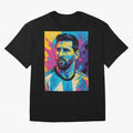 Messi Pop Art Portrait Oversized T-Shirt Make Memories around Global Football Passion for FIFA World Cup 2026 USA Canada Mexico, Centered on Mbappe, Portugal, Vintage Soccer Flavor, Modern Football Stars, National Flags and Final Night Emotion;