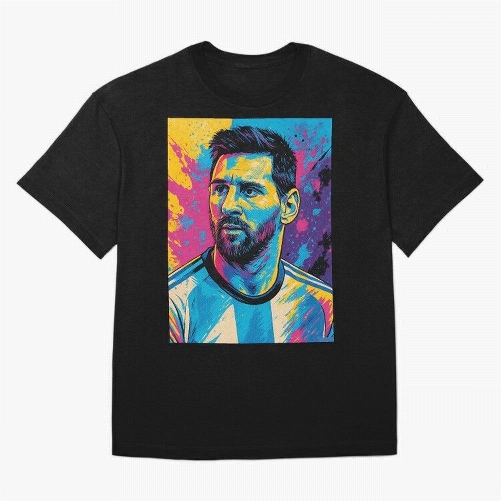 Messi Pop Art Portrait Oversized T-Shirt Make Memories around Global Football Passion for FIFA World Cup 2026 USA Canada Mexico, Centered on Mbappe, Portugal, Vintage Soccer Flavor, Modern Football Stars, National Flags and Final Night Emotion;