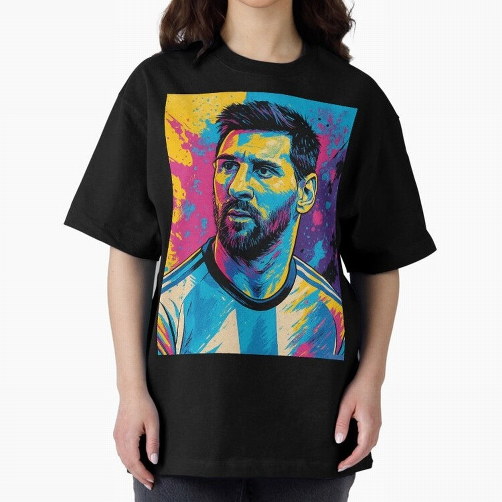 Messi Pop Art Portrait Oversized T-Shirt Make Memories around Global Football Passion for FIFA World Cup 2026 USA Canada Mexico, Centered on Mbappe, Portugal, Vintage Soccer Flavor, Modern Football Stars, National Flags and Final Night Emotion;