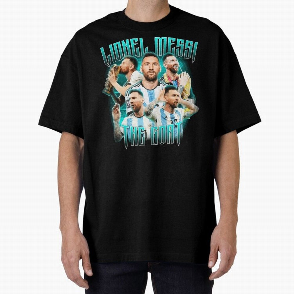 Messi Pop Art Portrait Oversized T-Shirt Bring Legendary Rivalry Energy to Global Football Passion for FIFA World Cup 2026 USA Canada Mexico, Centered on Messi, Neymar and Mbappe, France, Vintage Soccer Flavor, Modern Football Stars, National Flags
