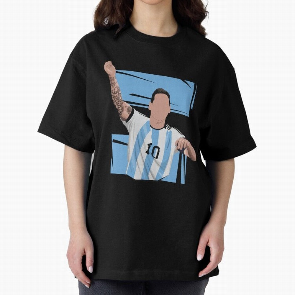 Messi Singing with Crowd World Cup 2022 Oversized T-Shirt Follow the Road to FIFA World Cup 2026 USA Canada Mexico Spirit, Celebrating Portugal, Cristiano Ronaldo, Haaland and CR7, Classic Soccer Heritage, Championship Pressure, Fan Loyalty and