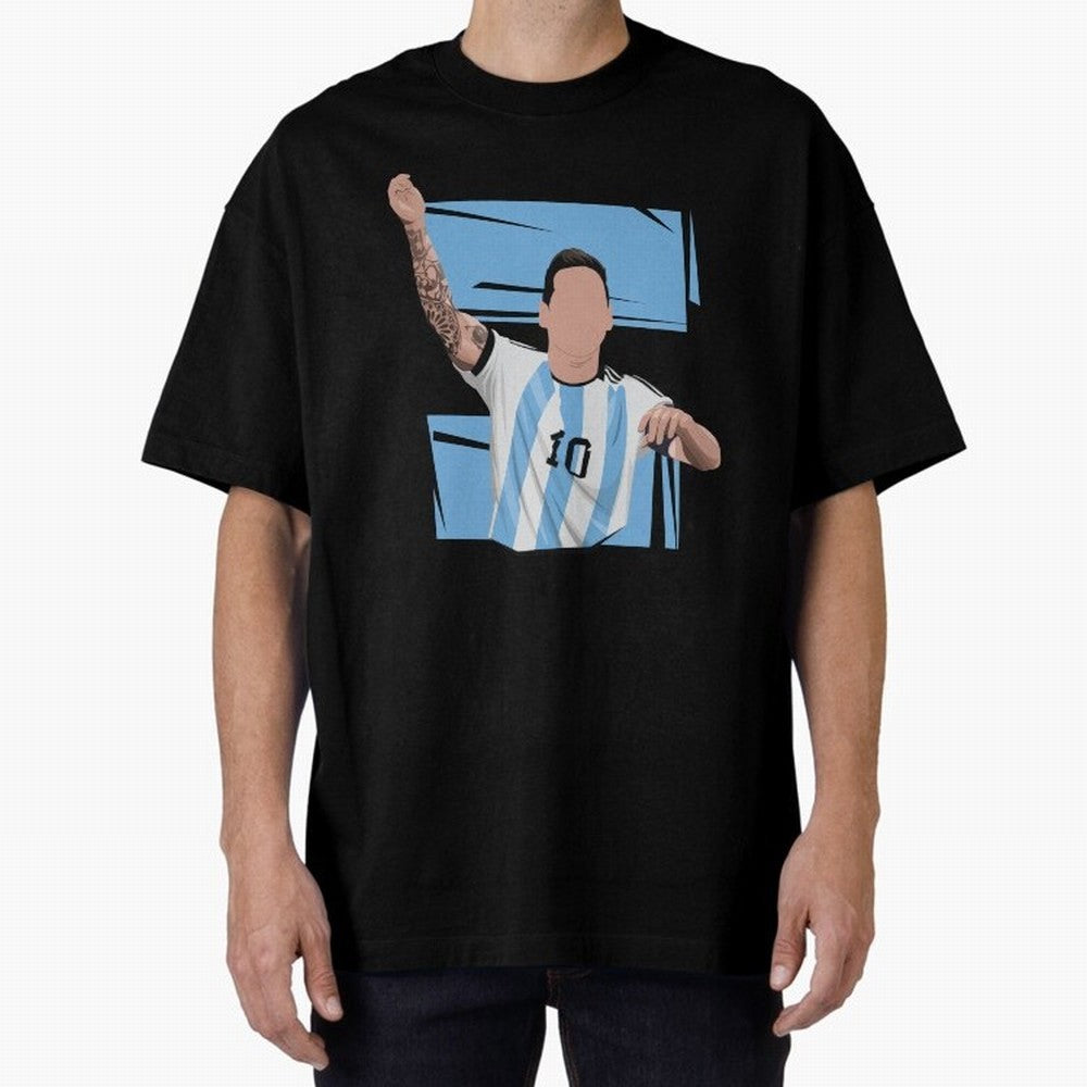 Messi Singing with Crowd World Cup 2022 Oversized T-Shirt Follow the Road to FIFA World Cup 2026 USA Canada Mexico Spirit, Celebrating Portugal, Cristiano Ronaldo, Haaland and CR7, Classic Soccer Heritage, Championship Pressure, Fan Loyalty and