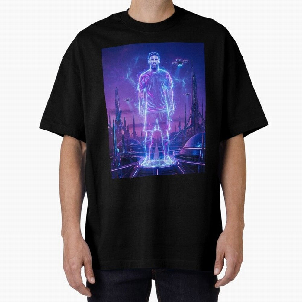 Lionel Messi (GOAT) Hologram in Futuristic Cyberpunk City (Version 4) Classic T-Shirt Celebrate Match Day Hype around FIFA World Cup 2026, Messi and Cristiano Ronaldo, England, France and Netherlands, Vintage Soccer Flavor, Modern Football Stars,