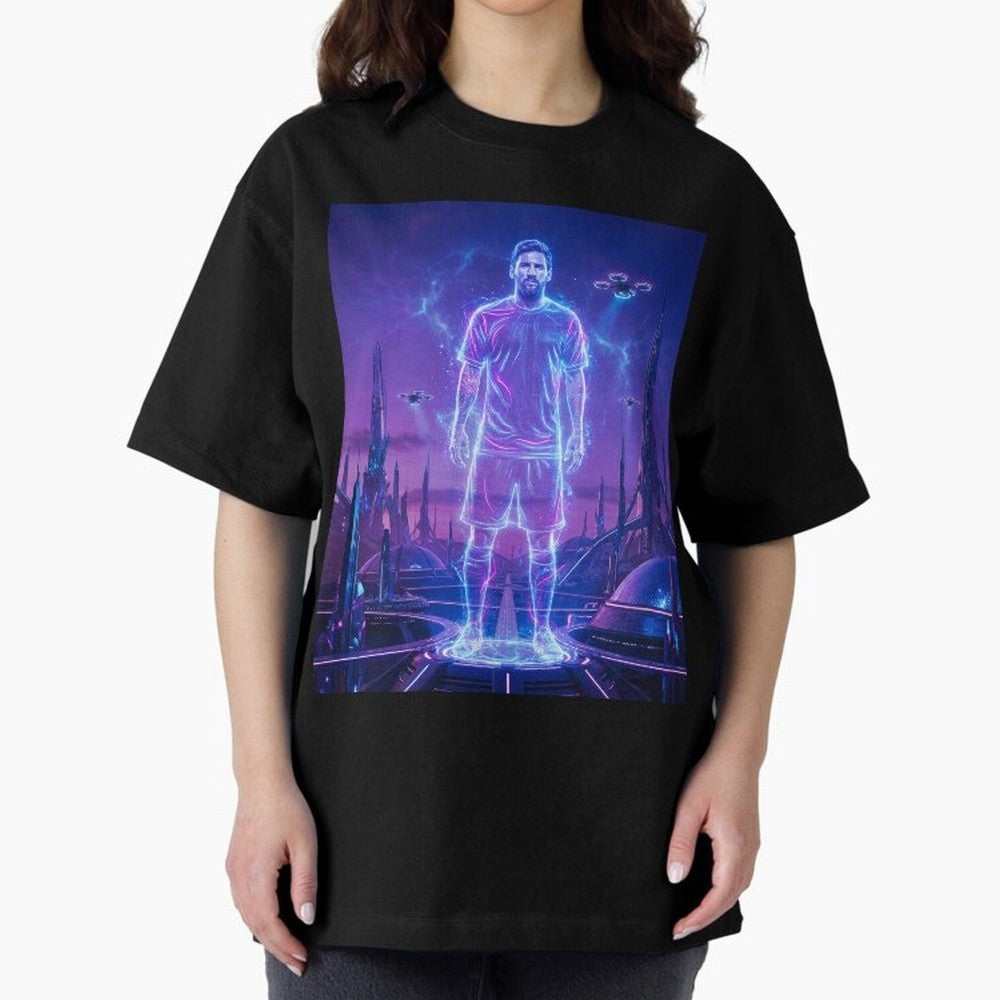 Lionel Messi (GOAT) Hologram in Futuristic Cyberpunk City (Version 4) Classic T-Shirt Celebrate Match Day Hype around FIFA World Cup 2026, Messi and Cristiano Ronaldo, England, France and Netherlands, Vintage Soccer Flavor, Modern Football Stars,
